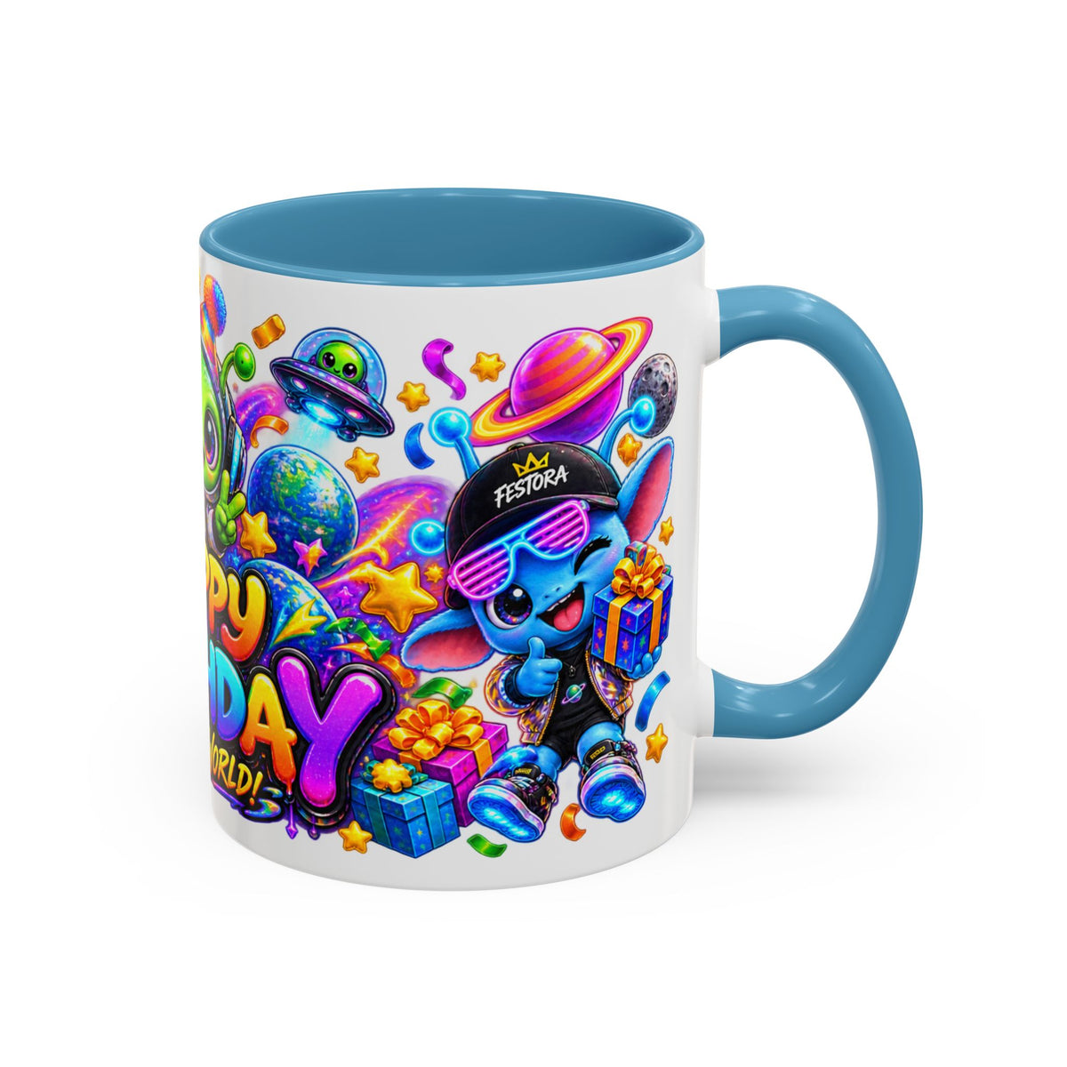 Happy Birthday Out of This World Accent Mug — Cute Alien Space Birthday Coffee Cup (11oz)