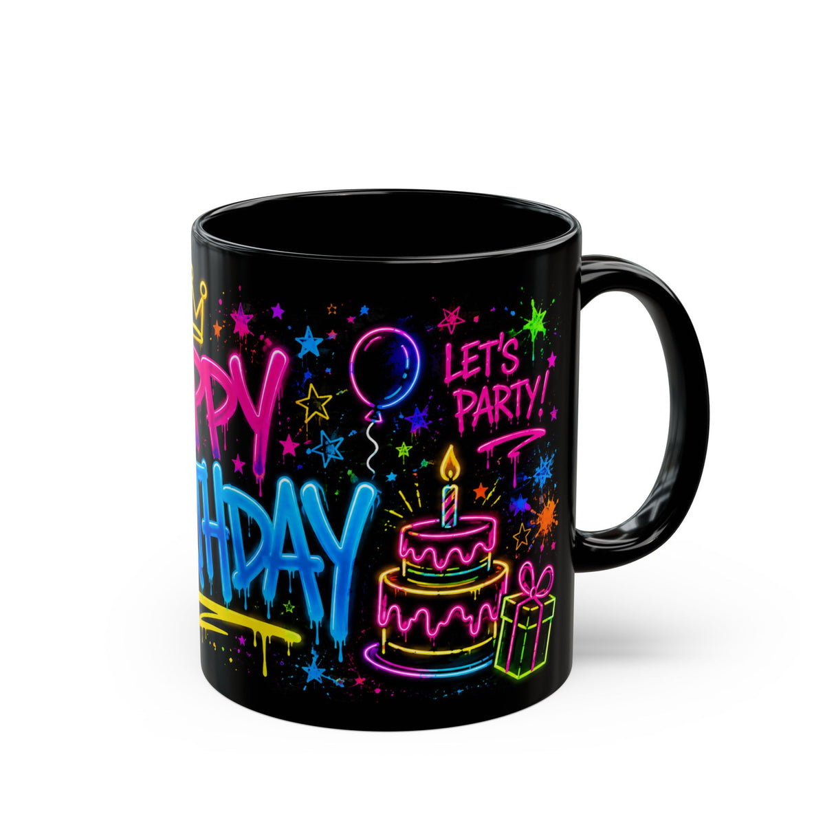 Happy Birthday Neon Graffiti Mug — Colorful Black Birthday Coffee Cup