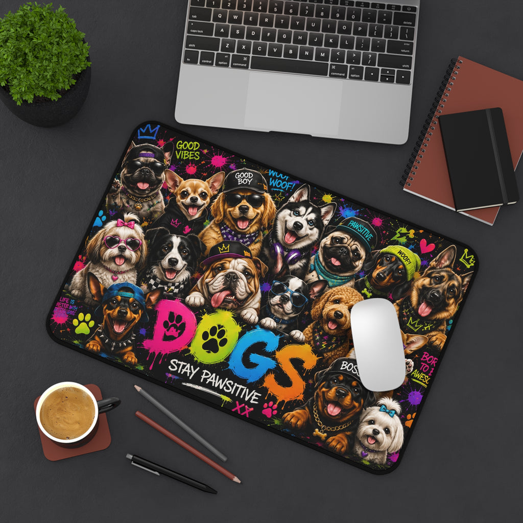 Dog Collage Desk Mat — 'Dogs Stay Pawsitive' Colorful Pet Office Mouse Pad