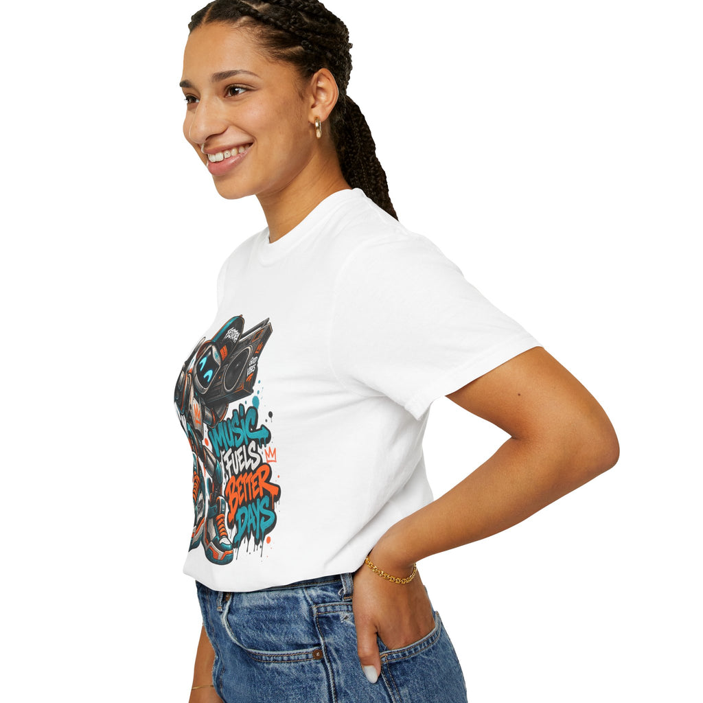 Music Fuels Better Days T-Shirt — Retro Robot Boombox Streetwear