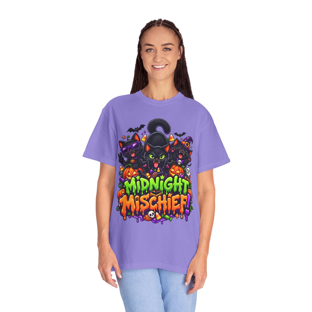 Midnight Mischief Halloween T-Shirt – Funny Black Cat Graphic Tee