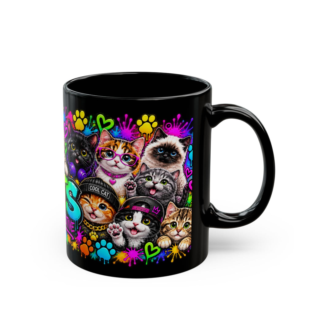 Cats Stay Pawsitive Black Mug – Colorful Cute Cat Coffee Cup (11oz)