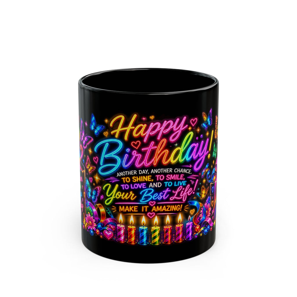 Birthday Black Mug – "Happy Birthday" Neon Gift Mug with Colorful Butterflies & Present