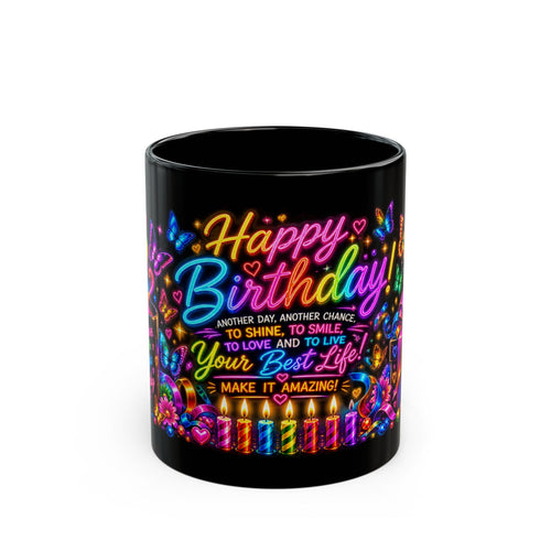 Birthday Black Mug – "Happy Birthday" Neon Gift Mug with Colorful Butterflies & Present