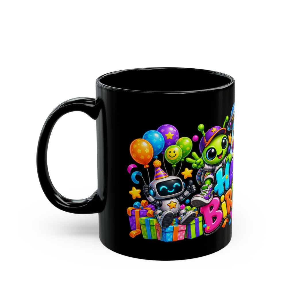Happy Birthday Space Party Mug – Cute Aliens, Robots, UFO & Colorful 3D Birthday Design