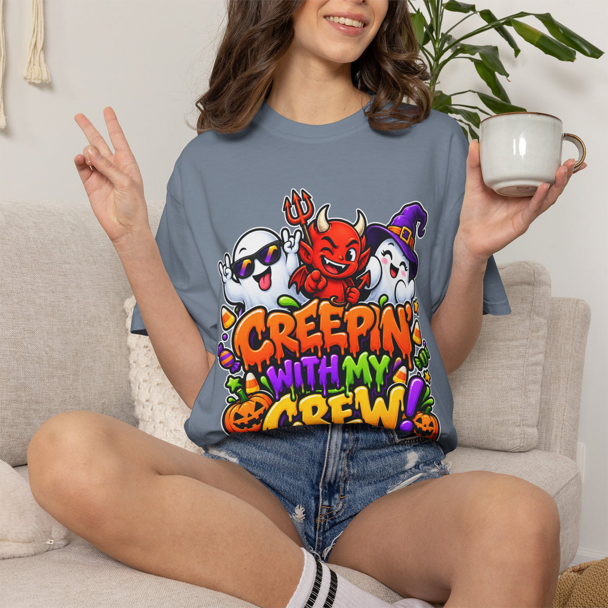 Creepin’ With My Crew Halloween T-Shirt – Colorful Funny Ghost & Devil Graphic Tee