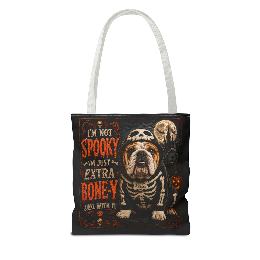 Halloween Bulldog Tote Bag – "I’m Not Spooky, I’m Just Extra Boney" All-Over Print