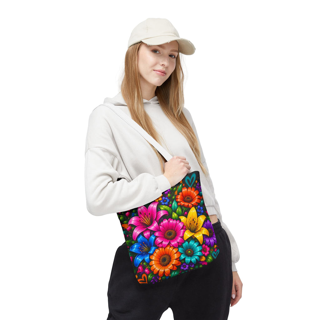 Festora Floral Burst Tote Bag — Colorful Flowers on Black