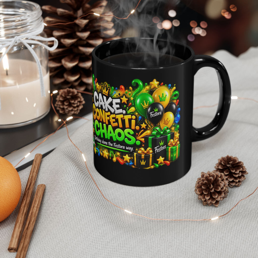 Cake Confetti Chaos Black Mug – Festora Ant Birthday Coffee Cup