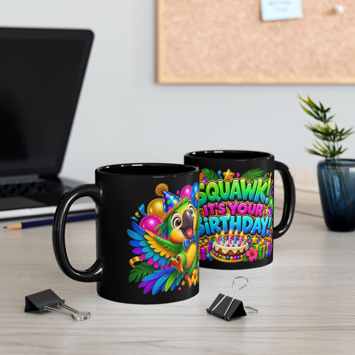 Squawk! It’s Your Birthday Black Mug – Colorful Parrot Birthday Cup, Fun Tropical Party Gift