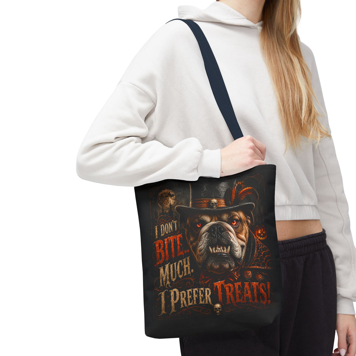 Halloween Bulldog Tote Bag — "I Don't Bite Much, I Prefer Treats" Candy‑Lovers Reusable Bag
