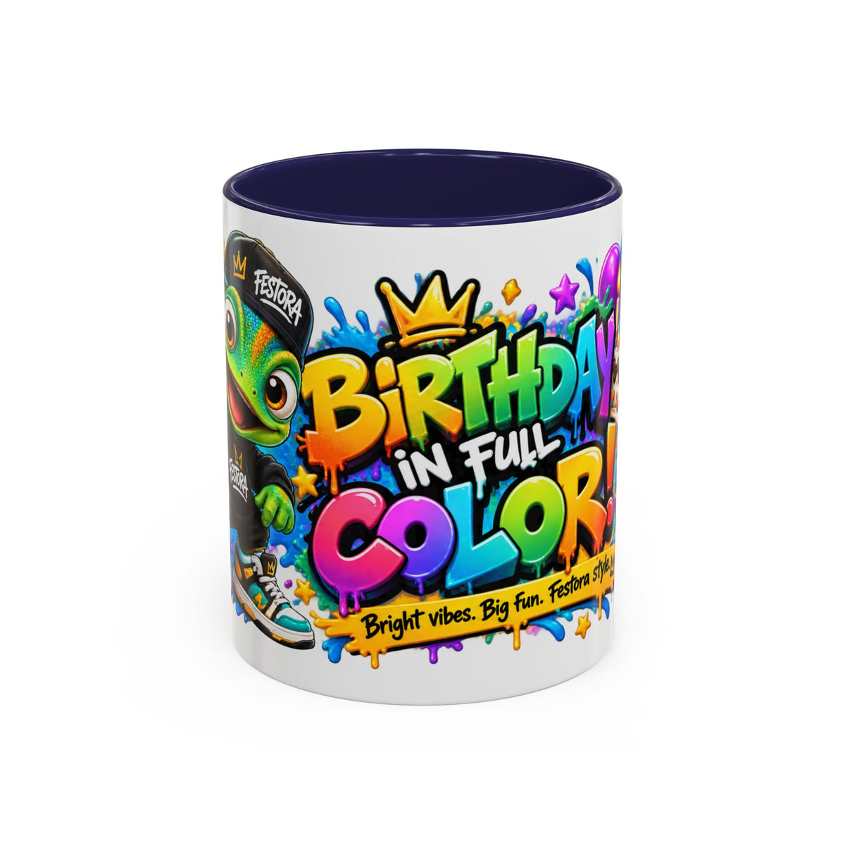 Birthday in Full Color White Ceramic Mug – Fun Colorful Birthday Coffee Cup – FestoraShop Original Design