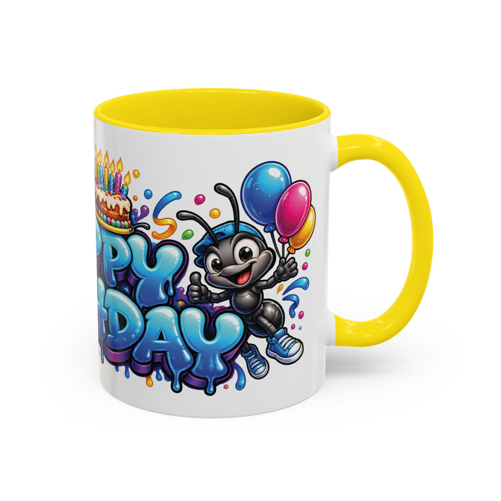 Happy Birthday Cartoon Mug – Graffiti Ants, Birthday Cake, Balloons & Confetti Coffee Cup