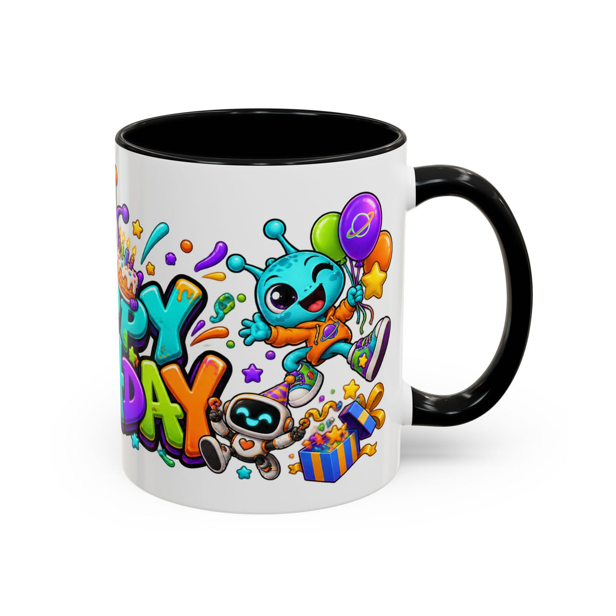 Happy Birthday Alien Mug – Colorful Space Party Cup with Cute Aliens & Robots