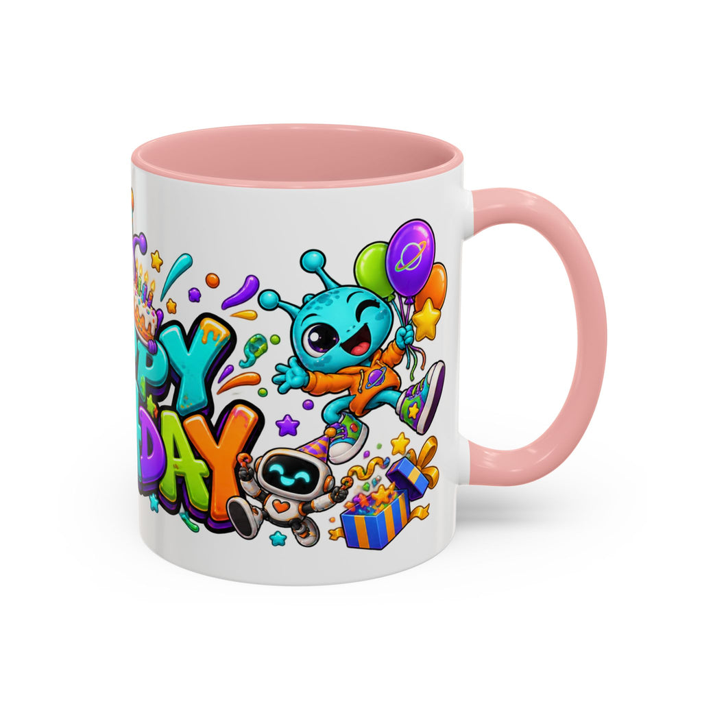 Happy Birthday Alien Mug – Colorful Space Party Cup with Cute Aliens & Robots