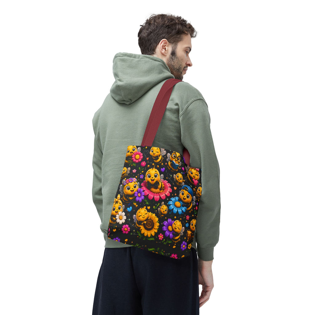 Cute Bee Pattern Tote Bag — Colorful Floral Cartoon Bees All-Over Print