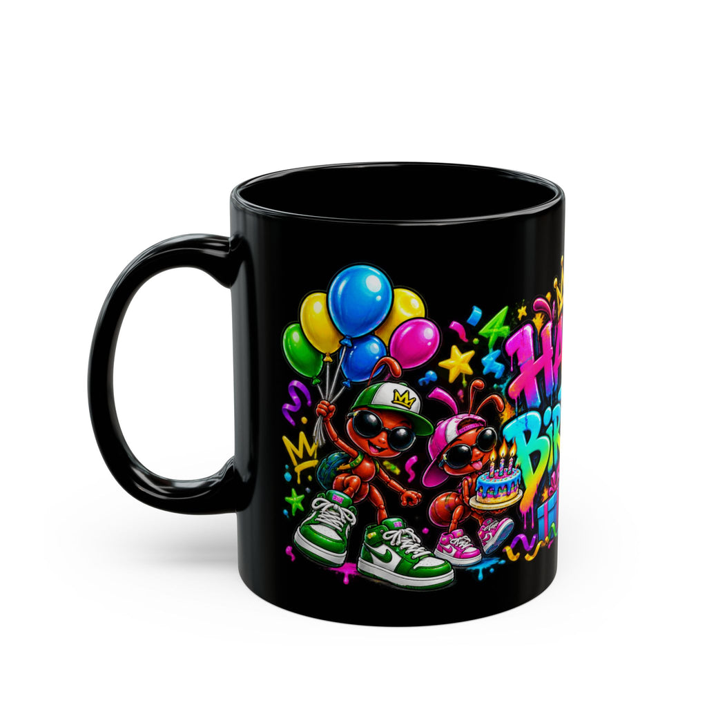 Happy Birthday Black Mug — Colorful Graffiti Celebration Coffee Cup (11oz/15oz)