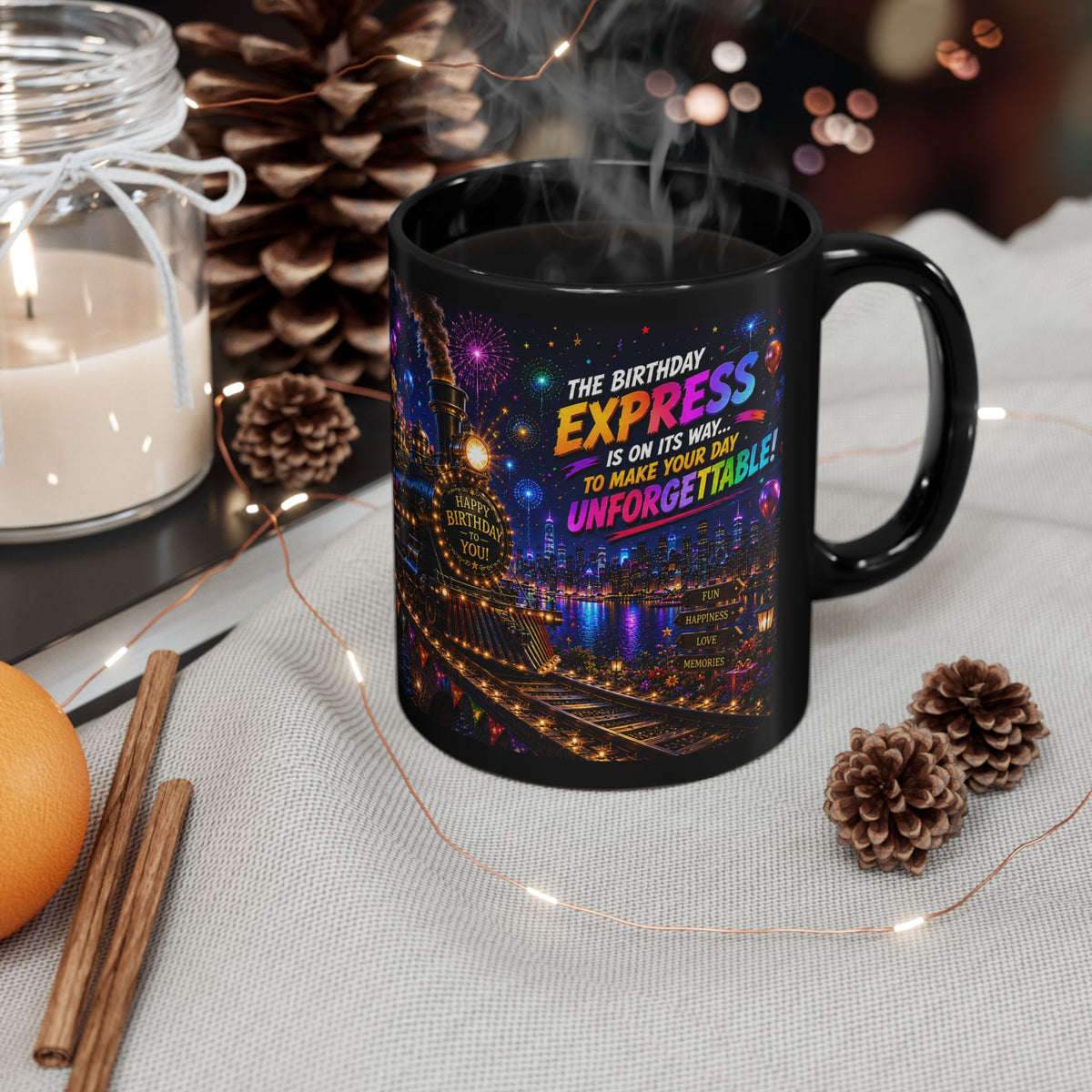 Birthday Express Black Mug – Colorful Train Party Coffee Cup (11oz)