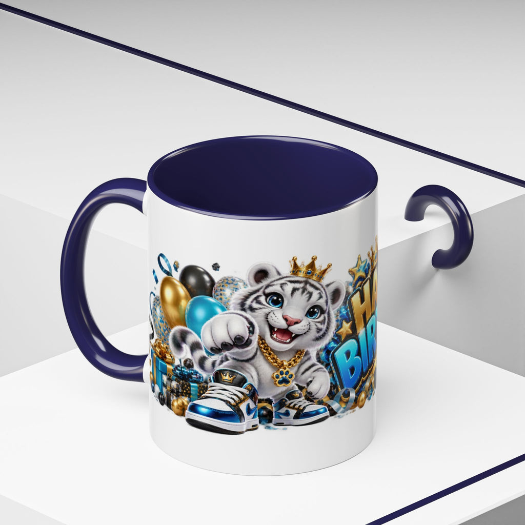 Happy Birthday White Tiger Mug – Colorful 3D Birthday Gift – White Coffee Mug