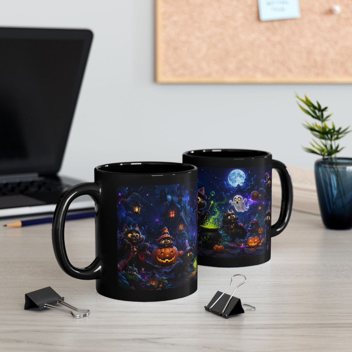Halloween Black Cat Witch Mug – Spooky Night Cauldron Coffee Cup (11oz/15oz)