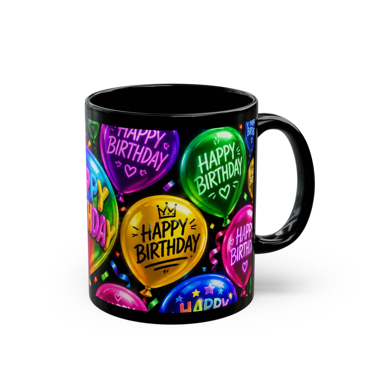 Happy Birthday Balloon Black Mug — Colorful Celebration Coffee Cup (11oz/15oz)