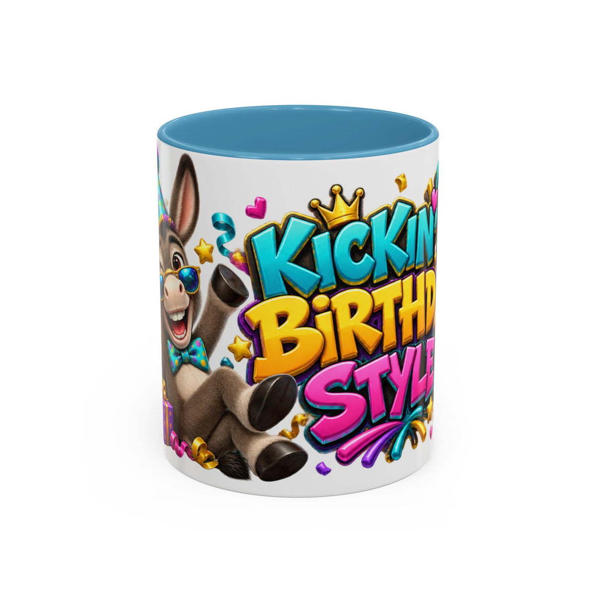 Kickin’ It Birthday Style Donkey White Mug – Funny Happy Birthday Party Cup, Cute Colorful Gift