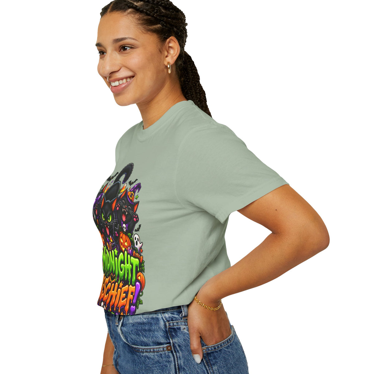 Midnight Mischief Halloween T-Shirt – Funny Black Cat Graphic Tee