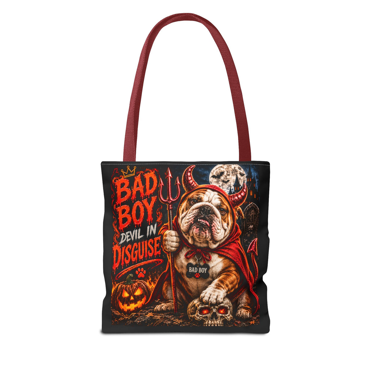 Halloween Bulldog Tote Bag – "Bad Boy Devil in Disguise" Gothic Pumpkin Skull Design