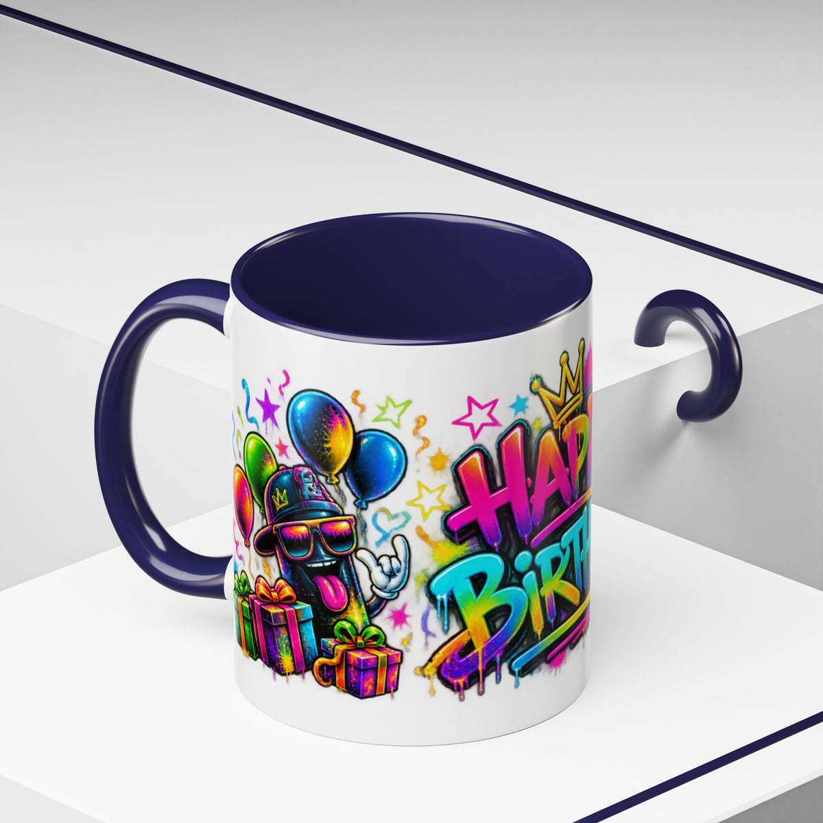 Happy Birthday Accent Coffee Mug – Colorful Graffiti Cake & Balloons (11/15oz)
