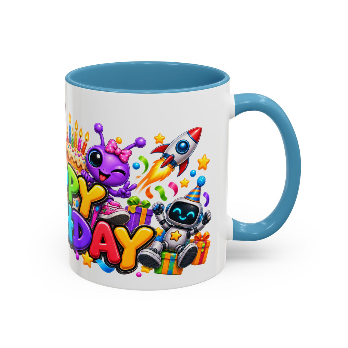 Happy Birthday Space Party Mug – Cute Aliens, Robots, UFO & Colorful 3D Birthday Design