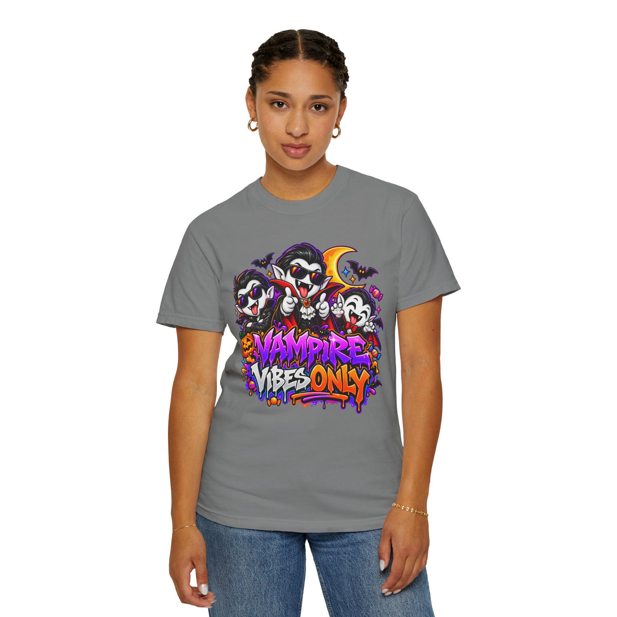 Neon Vampire Vibes Halloween Unisex Garment-Dyed T-Shirt Featuring a Cool Festora Vampire Crew