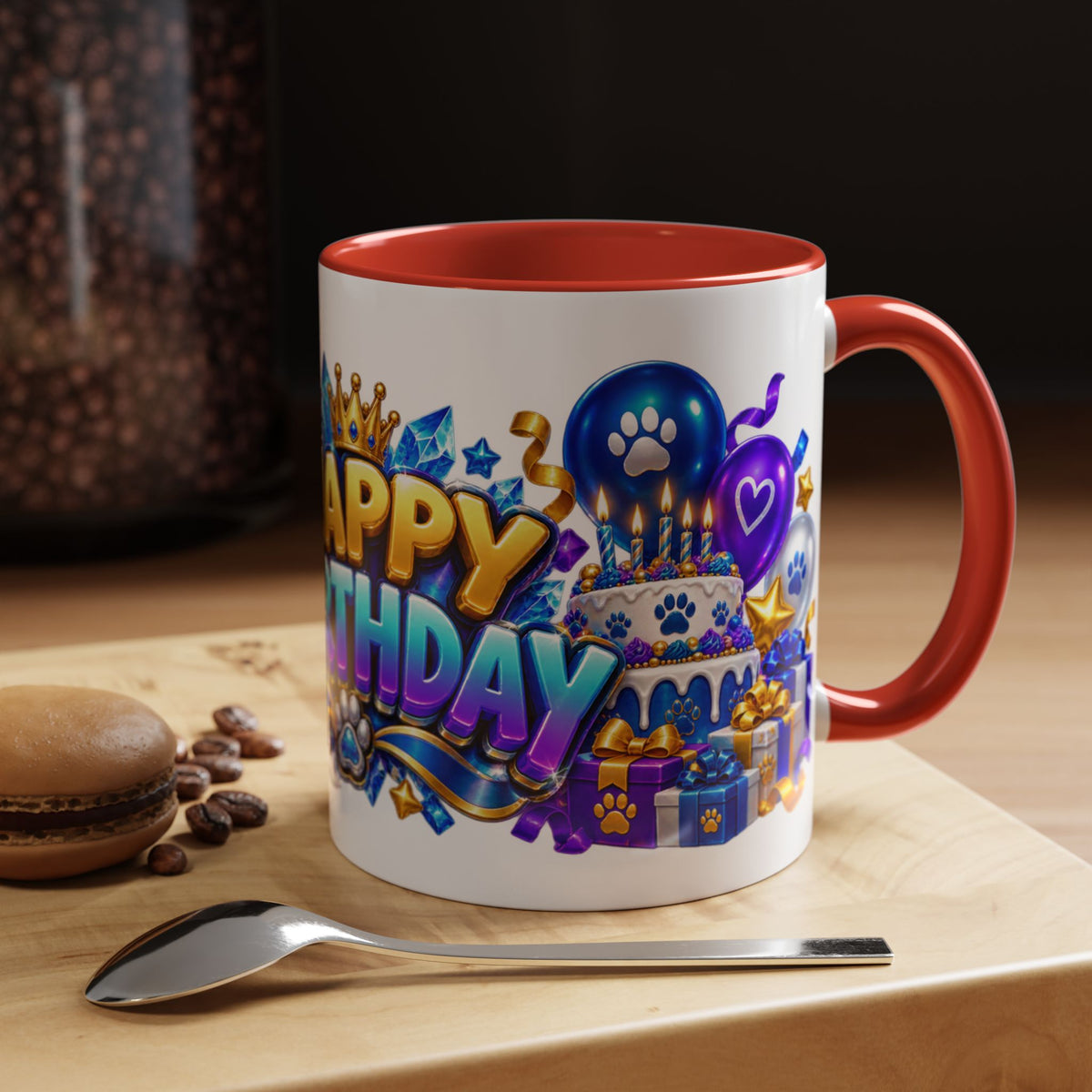 White Wolf Happy Birthday Mug – Blue Purple & Gold Birthday Gift – FestoraShop White Coffee Mug
