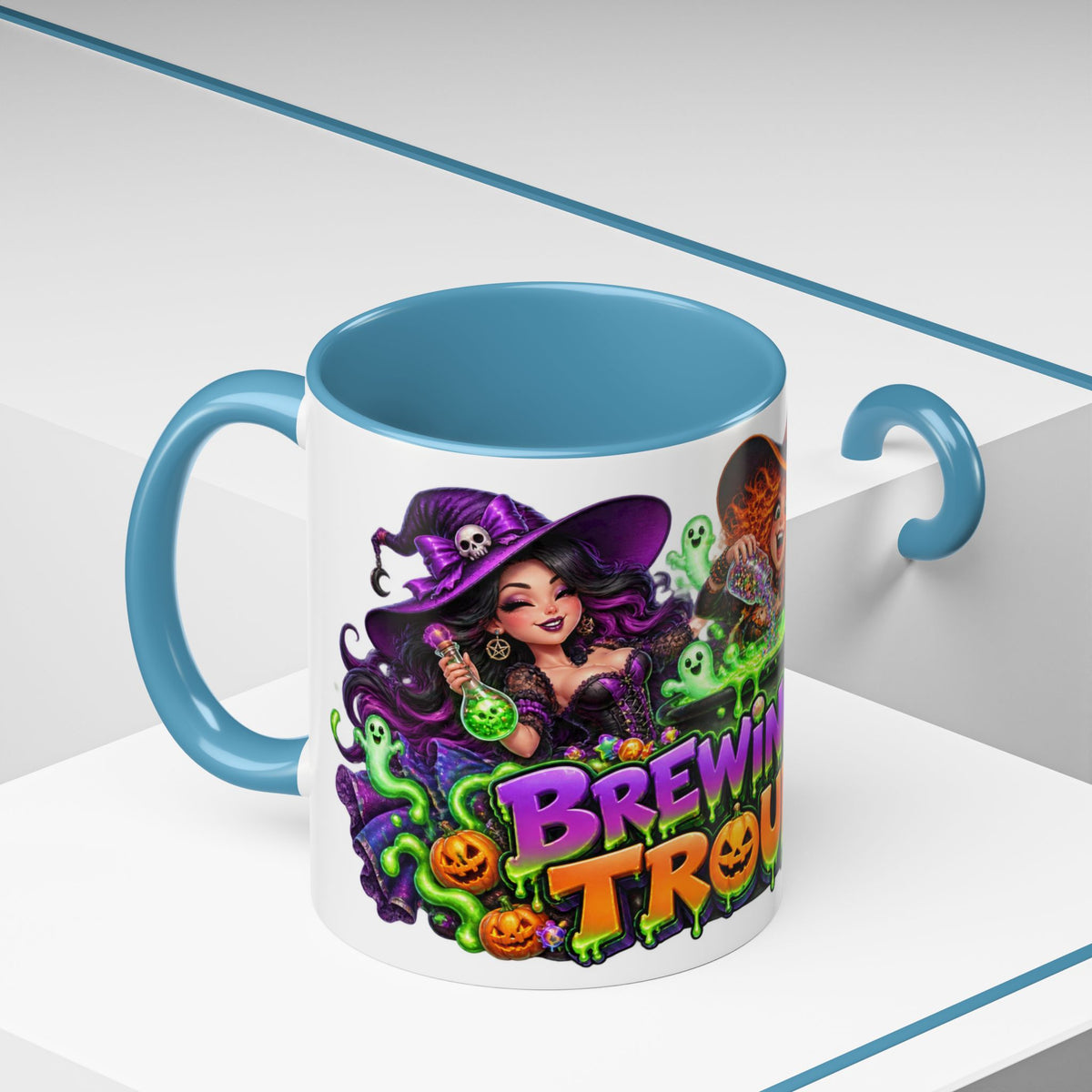 Brewing Up Trouble Witches Halloween White Mug