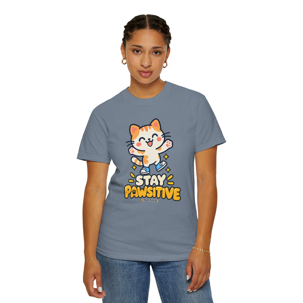 Stay Pawsitive – Cute Happy Cat Graphic T-Shirt