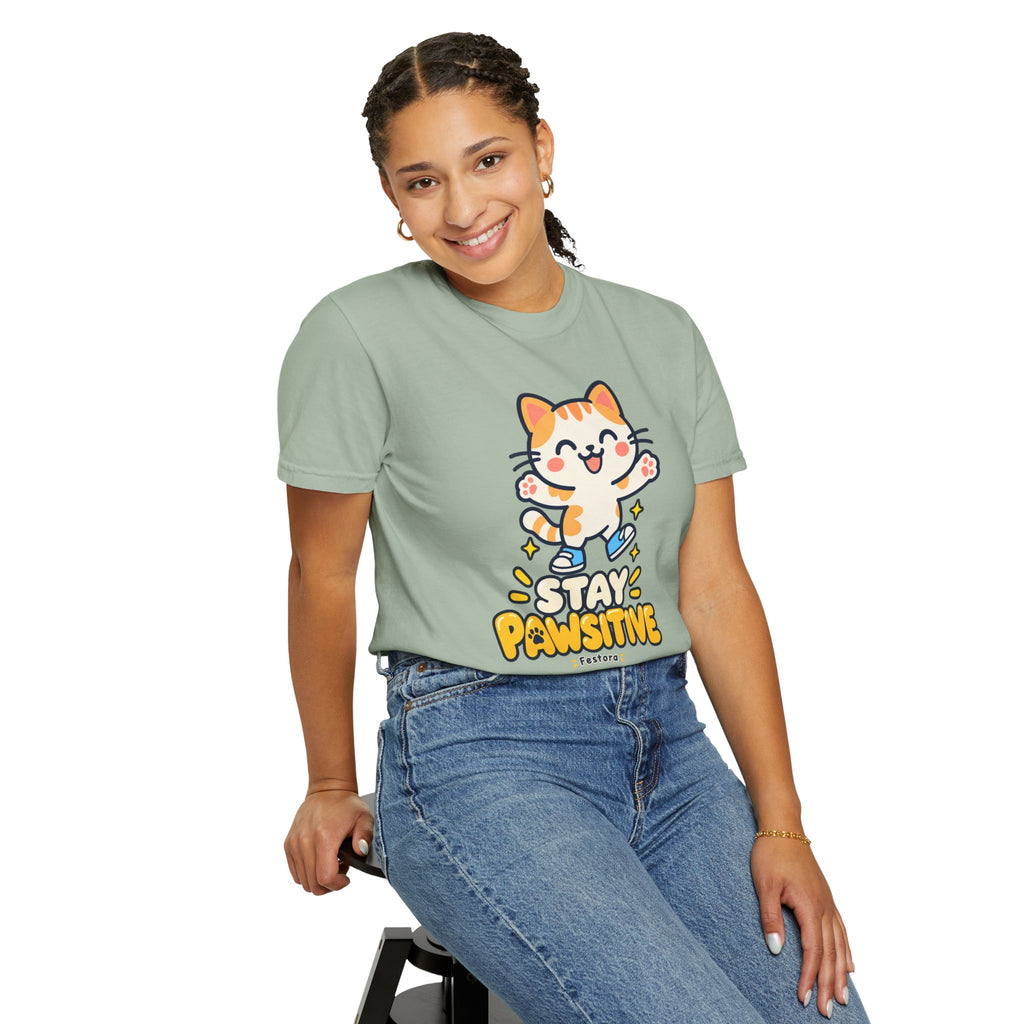 Stay Pawsitive – Cute Happy Cat Graphic T-Shirt