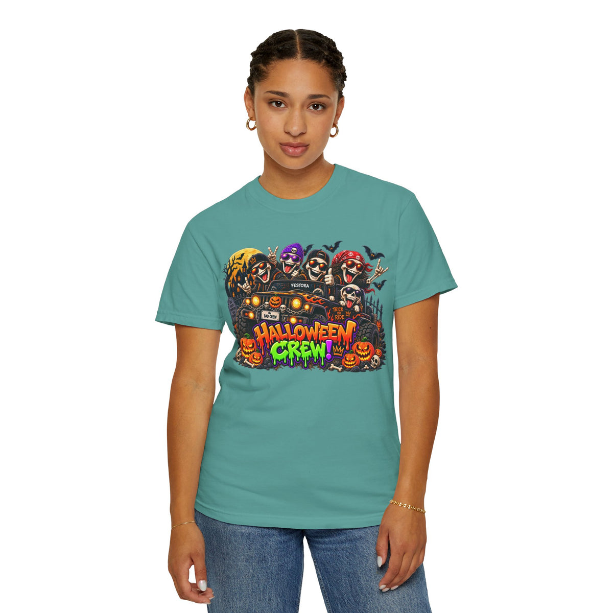 Halloween Crew T-Shirt – Skeleton Jeep Spooky Graphic Tee