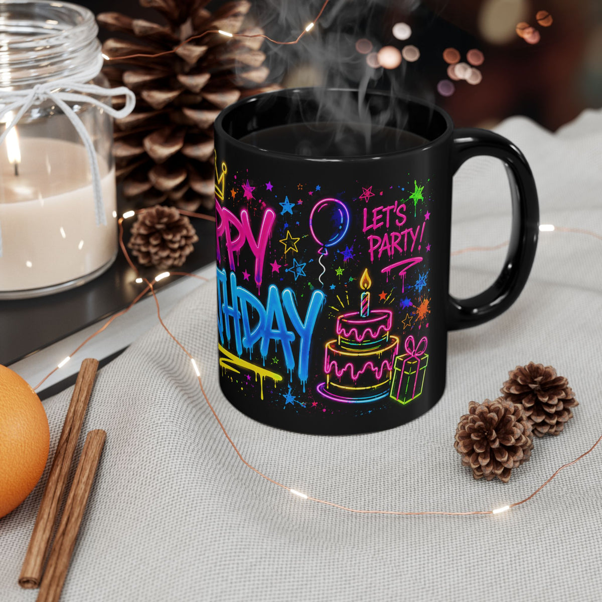 Happy Birthday Neon Graffiti Mug — Colorful Black Birthday Coffee Cup