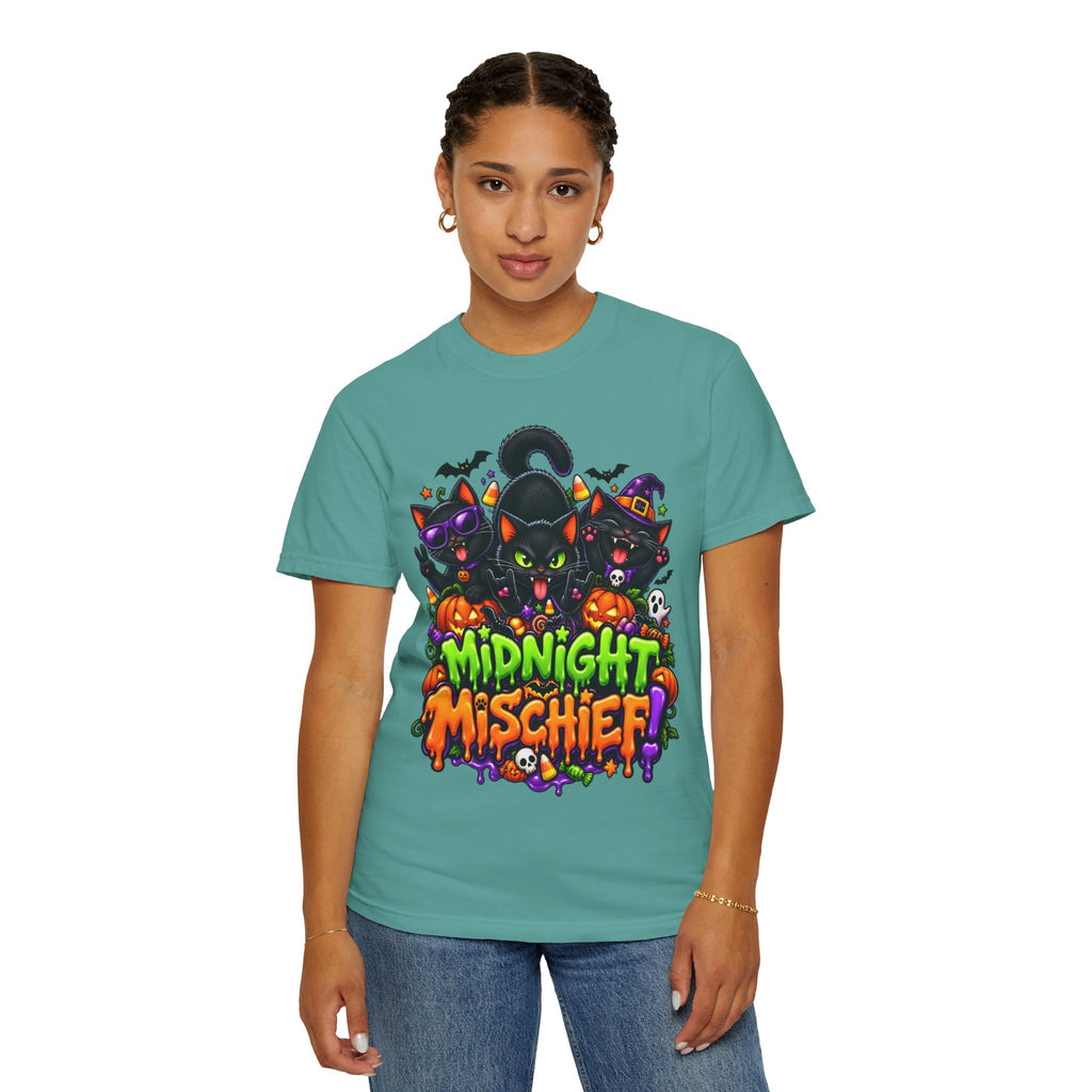 Midnight Mischief Halloween T-Shirt – Funny Black Cat Graphic Tee