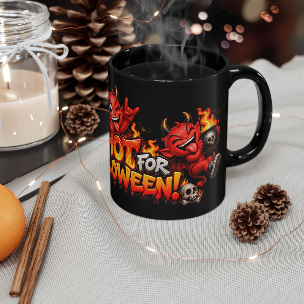 Too Hot for Halloween Black Mug – Funny Devils, Flames & Spooky Design