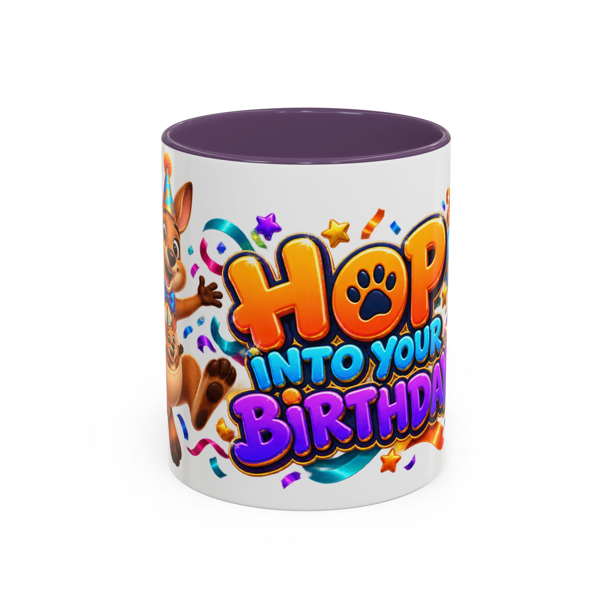 Hop Into Your Birthday White Mug – Cute Kangaroo Birthday Cup, Colorful Fun Party Gift