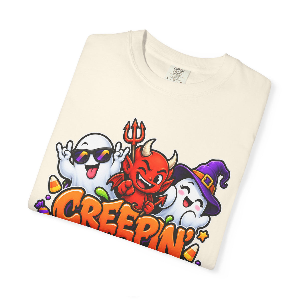 Creepin’ With My Crew Halloween T-Shirt – Colorful Funny Ghost & Devil Graphic Tee