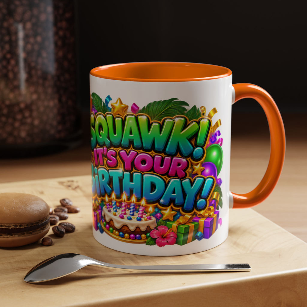 Squawk! It’s Your Birthday White Mug – Cute Parrot Birthday Cup, Colorful Tropical Party Gift