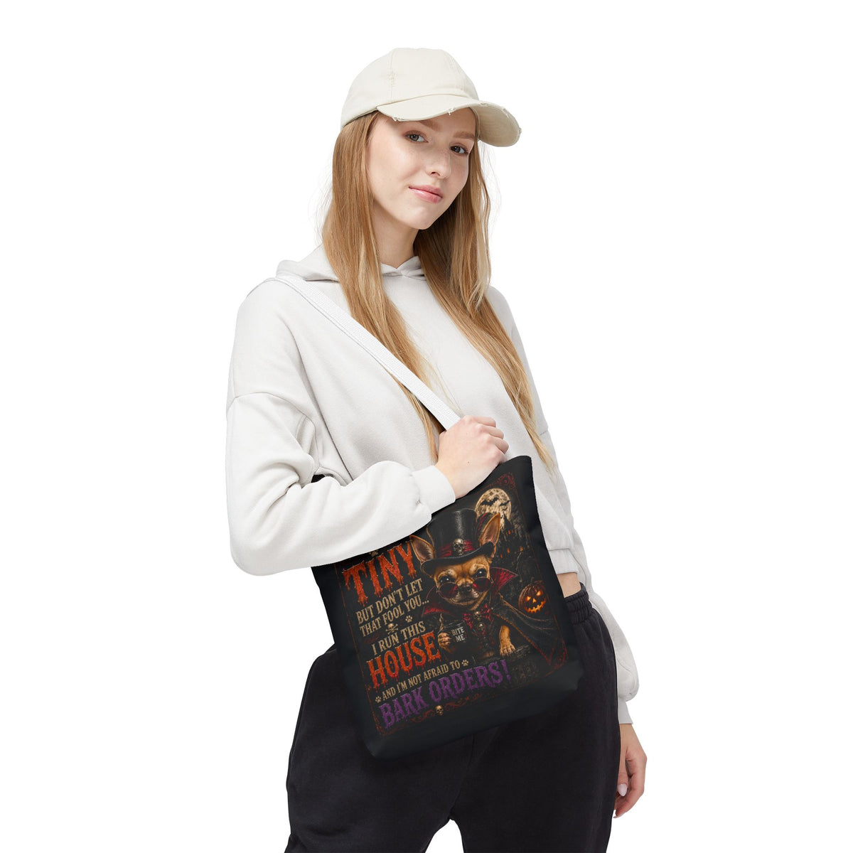 Halloween Chihuahua Tote Bag - "I May Be Tiny... I Run This House" Trick-or-Treat Shopper