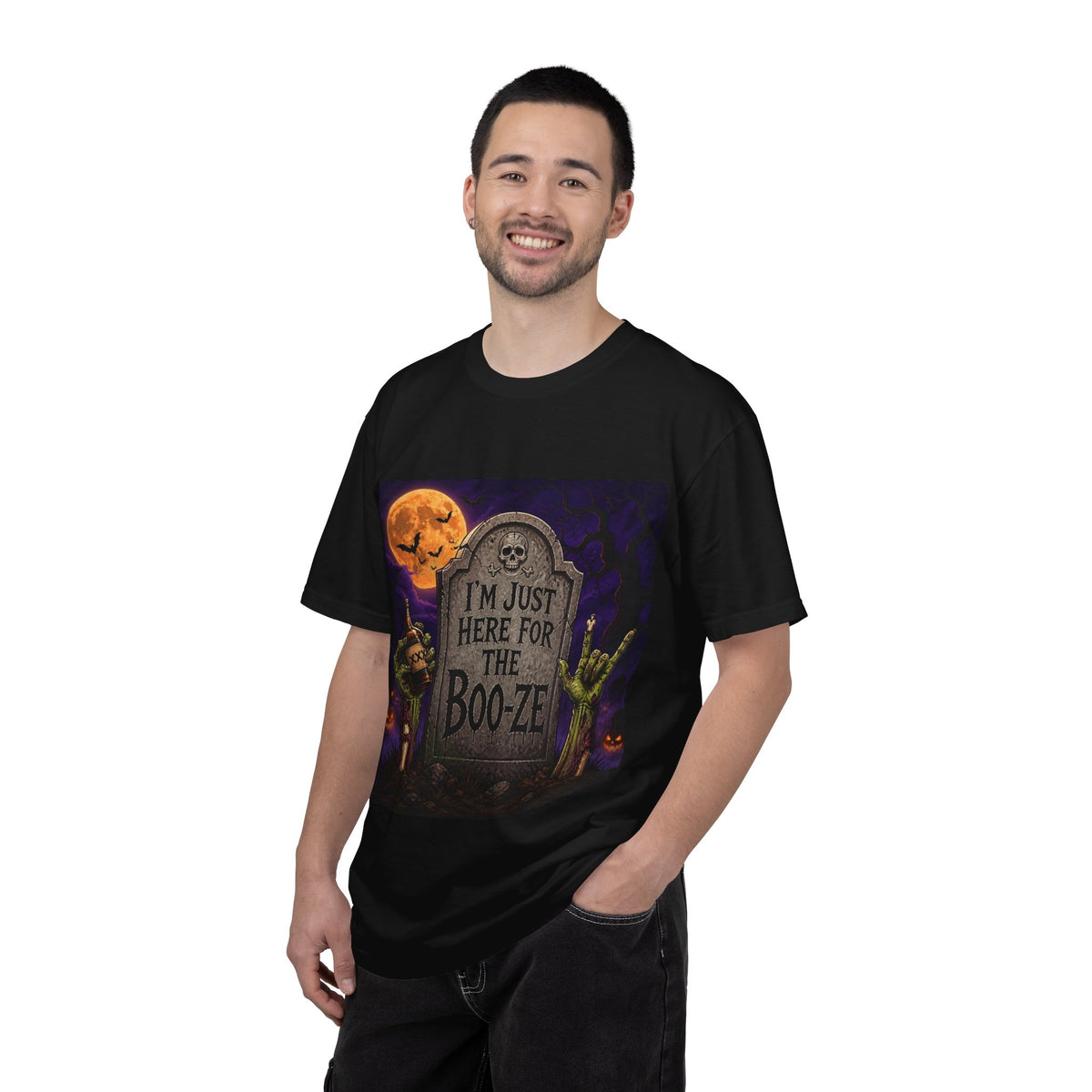 Halloween Tee — "I'm Just Here for the Boo-ze" Tombstone Design