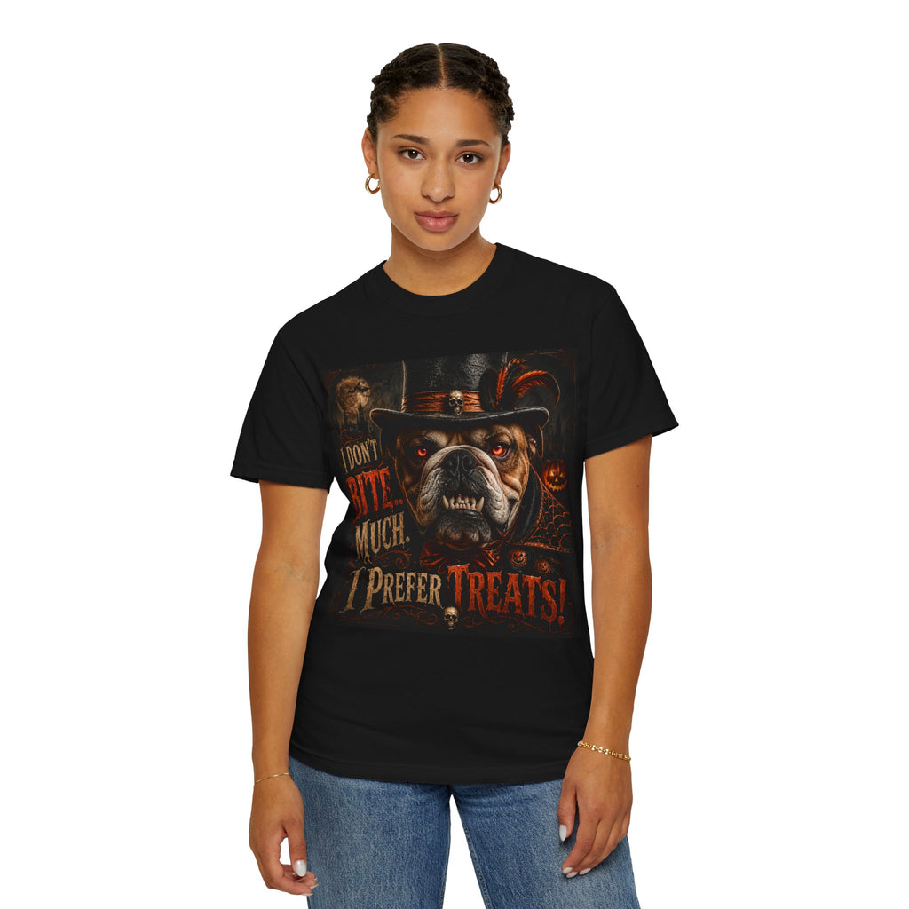 Halloween Bulldog T‑Shirt - "I Don't Bite Much, I Prefer Treats!"