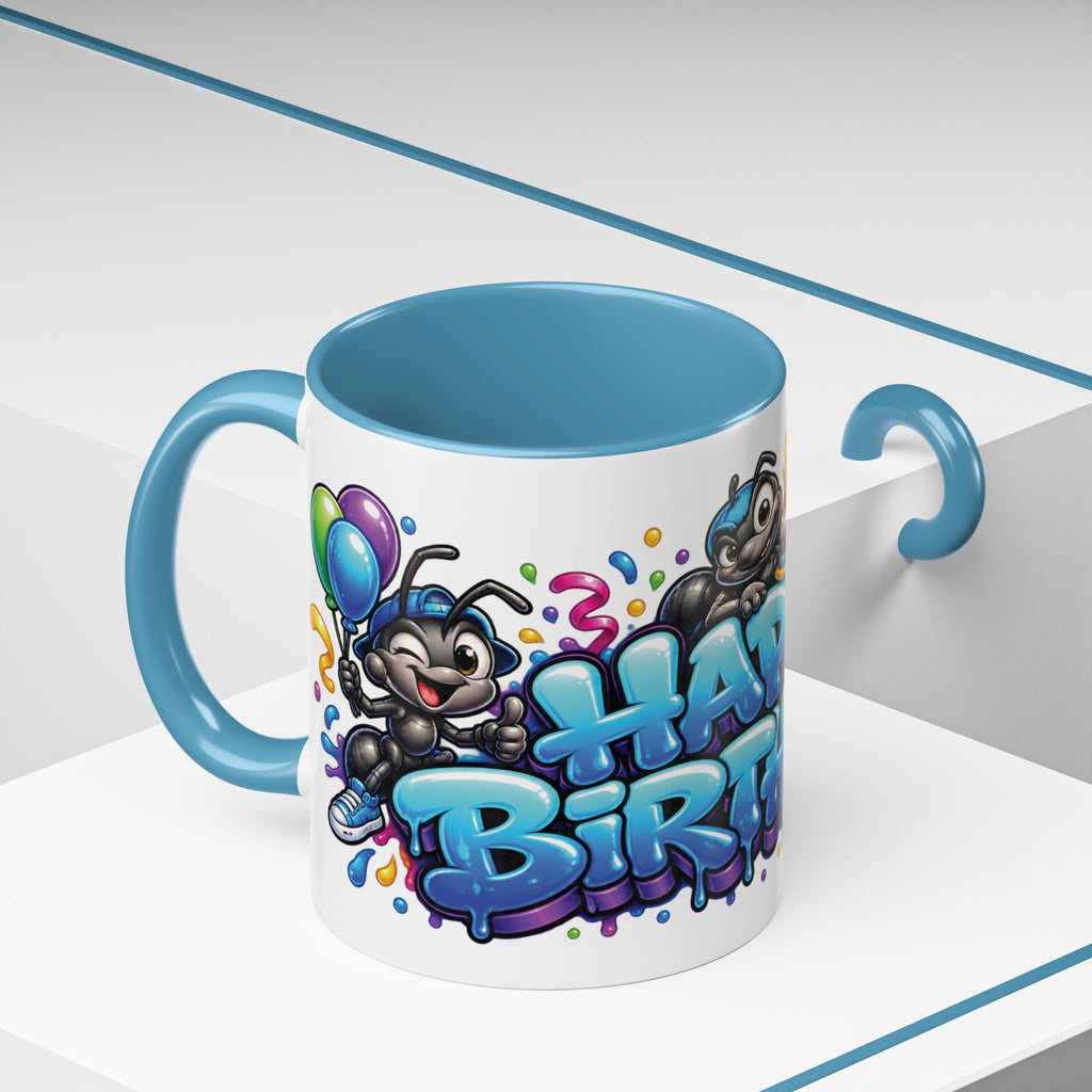 Happy Birthday Cartoon Mug – Graffiti Ants, Birthday Cake, Balloons & Confetti Coffee Cup