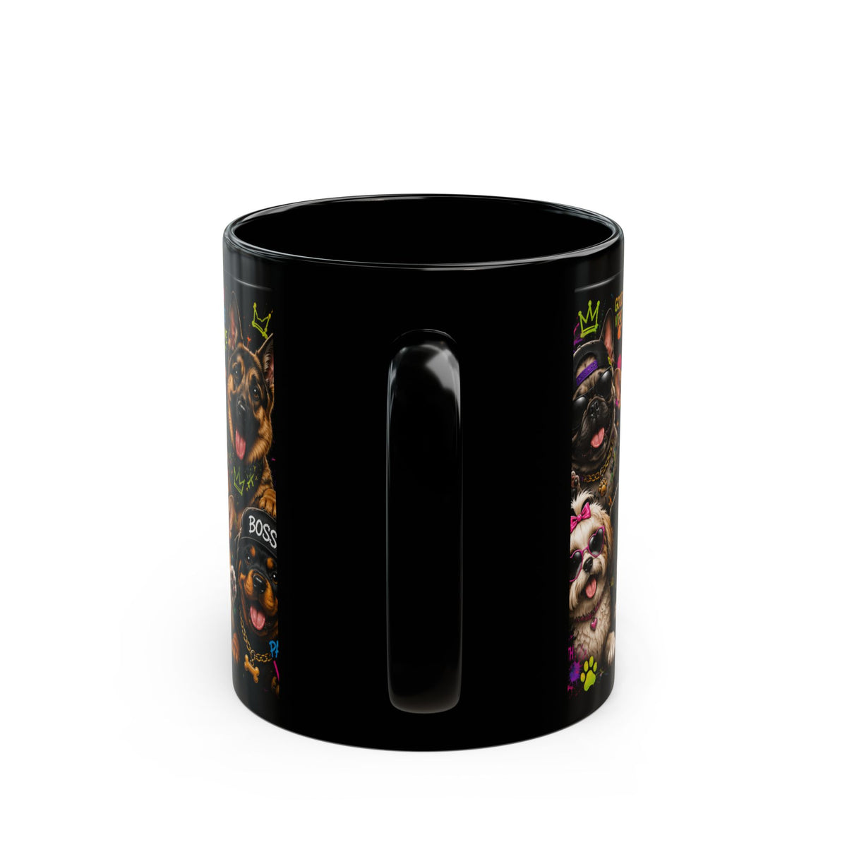 Dogs Stay Pawsitive Black Mug — Colorful Cute Dog Breeds Coffee Cup (11oz/15oz)