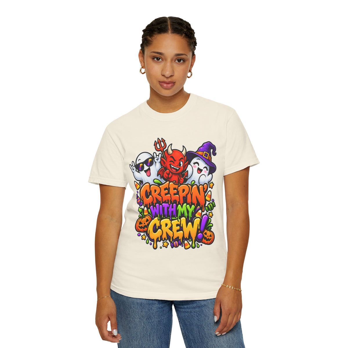 Creepin’ With My Crew Halloween T-Shirt – Colorful Funny Ghost & Devil Graphic Tee