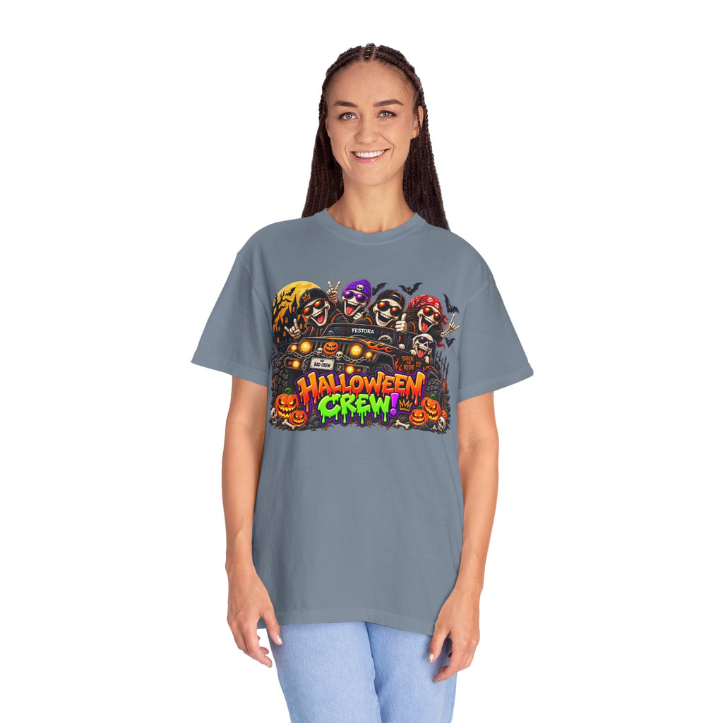 Halloween Crew T-Shirt – Skeleton Jeep Spooky Graphic Tee