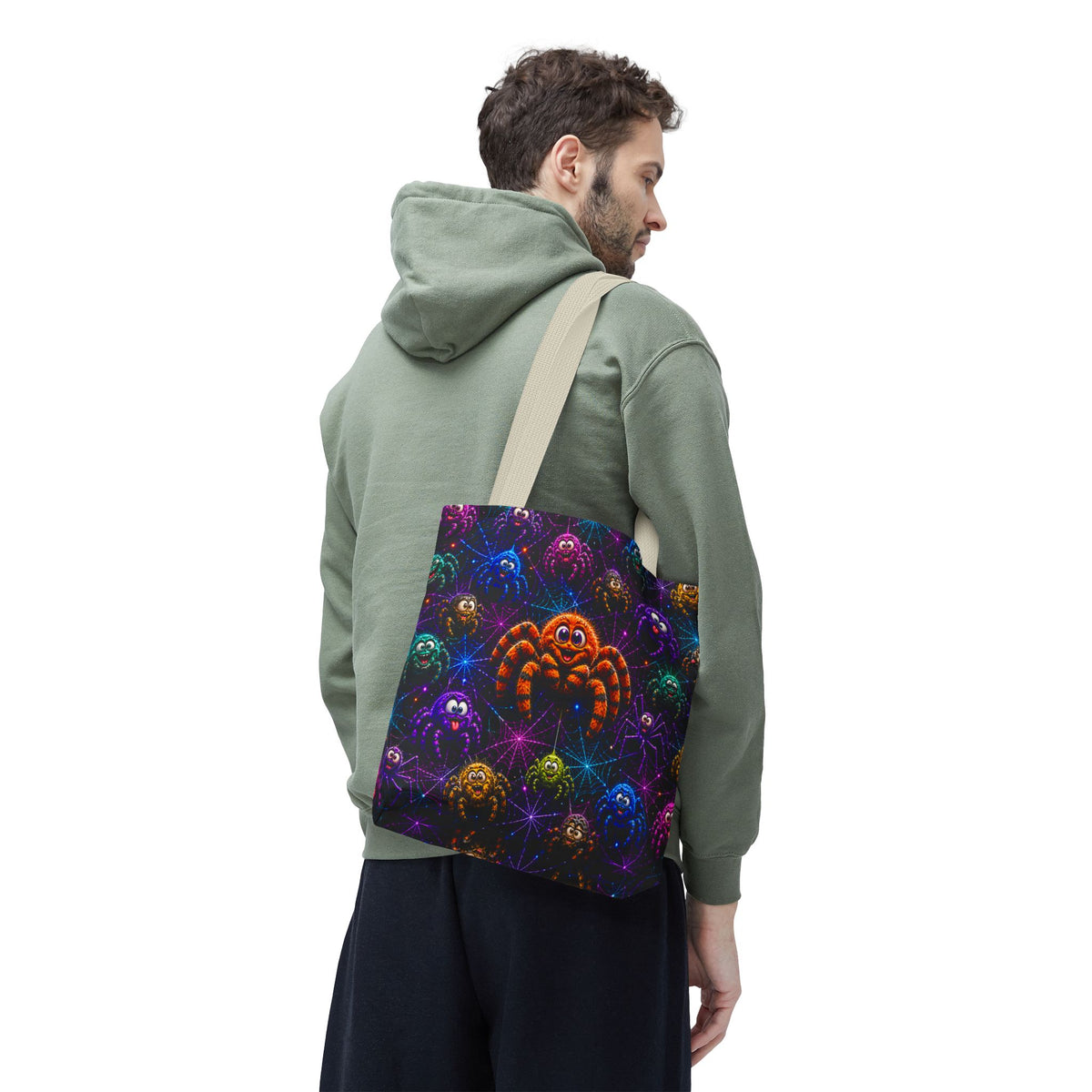 Colorful Crazy Spiders Halloween Tote Bag – Cute 3D Spider Web Pattern